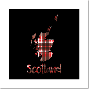 Scotland Red, Black and White Tartan Map Typography Design Posters and Art